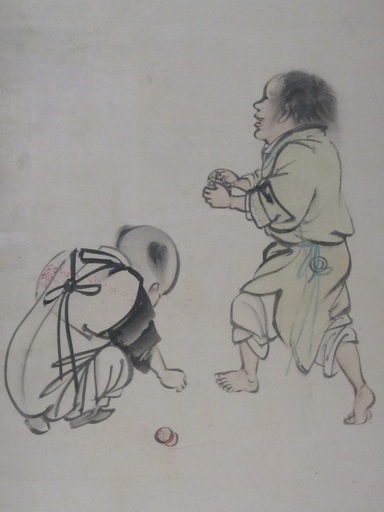 Détail d'un paravent, avec des enfants qui jouent à embêter un moine